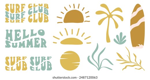 Retro Groovy Surf Club in trendy Boho style. Naive Geometric Summer Palm Tree. Simple background of sun sea. Retro Summer Beach Hand Drawn isolated illustration. Vintage Surf Club. Vector illustration