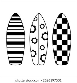 Surfboards groovy retro rabiscar, preto e branco desenhos animados objeto sazonal. Verão mão desenhado vetor ilustração em estilo plano