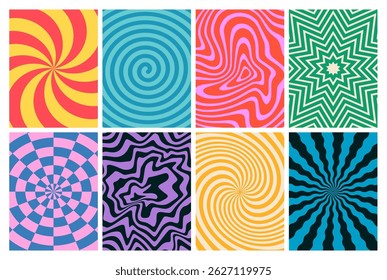 Retro Groovy Swirl Patterns. Wave Abstract Vector Backgrounds. Psychedelic Trippy Graphics. Fun Retro Geometric Textures