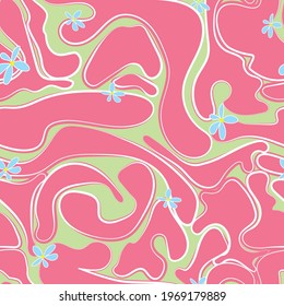 Retro Groovy Swirl Trendy Flower Pink and Green Print Seamless Wallpaper Textile