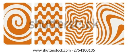 Retro groovy swirl wave patterns set. Abstract caramel cream wavy backgrounds collection. Funky spiral liquid texture vector