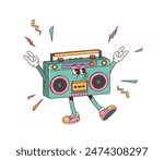Retro groovy tape recorder character. Isolated cartoon vector vintage boombox personage in sneakers and gloves, smiles and raises both arms in rock signs, bouncing to the beat of old-school tunes