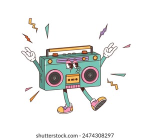 Carácter de grabadora de cinta retro groovy. Vector de dibujos animados vintage boombox personage en zapatillas de deporte y guantes, sonríe y levanta los dos brazos en signos de rock, rebotando al ritmo de las melodías de la vieja escuela