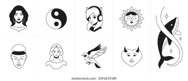 Retro groovy tattoo monochrome cartoon characters and elements trendy line icon set vector illustration. Surreal psychedelic minimal stickers woman harmony music sun whale dove bird heart devil