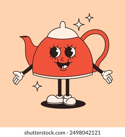 Retro groovy teapot character. Vector flat illustration.