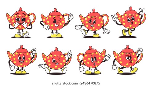 Juego de animación vectorial de personajes de tetera retro Groovy. Exude Personajes Vibrantes Con El Patrón Psicodélico De Los Puntos Polka