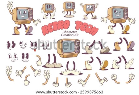 Retro groovy tech character creation kit, vintage cartoon, mascot parts, character design, retro logo 