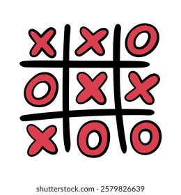 Retro groovy tic-tac-toe game board. XOXO Valentine's Day design, great for romantic cards, prints and decorative elements. White background.