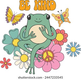 Retro groovy toad character with flowers and butterflies