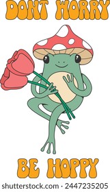 Retro groovy toad character with flowers and mushroom