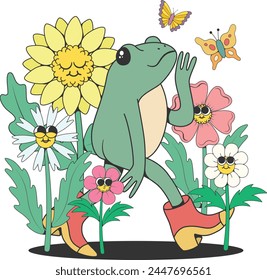 Retro groovy toad character  with flowers