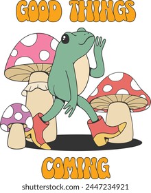 Retro groovy toad character with mushrooms