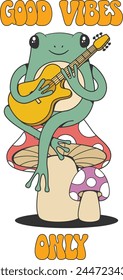 Retro groovy toad character sitting on the mushroom