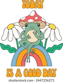 Retro groovy toad character sitting on the rainbow