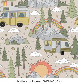 Retro groovy tourist camp with camper van in the mountain forest vector seamless pattern. Caravan, rocks, pine trees, sun, rainbow, stars, clouds backdrop. Happy camper summer vacation outdoor