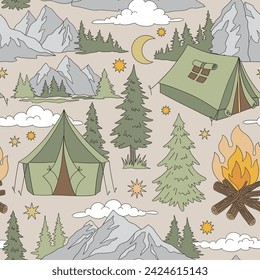 Retro groovy tourist camp in the night mountain forest vector seamless pattern. Tent, campfire, rocks, pine trees backdrop. Happy camper summer vacation outdoor recreation background.