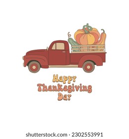 Retro groovy track with pumpkin harvest vector illustration. Happy Thanksgiving Day poster print design.