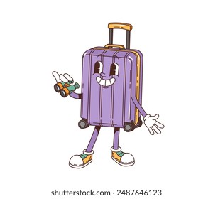 Retro groovy travel suitcase character with a cheerful face, holding binoculars and wearing sneakers, ready for an adventure. Isolated cartoon vector purple luggage vintage personage with a wide smile