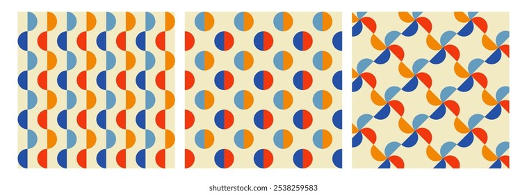 Padrões geométricos contínuos modernos groovy retro com textura semicírculos e círculos. Planos de fundo abstratos de Natal definidos. Vermelho, azul, bege e amarelo. Ilustração vetorial
