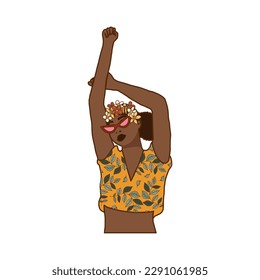Retro groovy trippy black African American girl with glasses on white background. Trendy 60s 70s woman psychedelic vector illustration in cartoon hand drawn style