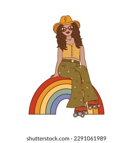 Retro groovy trippy girl with glasses, hat sitting on rainbow on white background. Trendy 60s 70s woman psychedelic vector illustration in cartoon hand drawn style