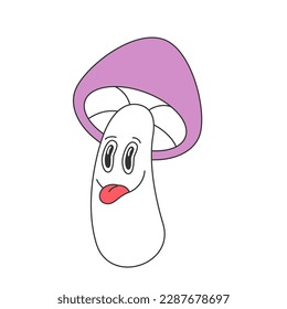 Retro groovy trippy mushroom character. Funny face sticking out tongue. Hippie psychedelic weird fly agaric. Hippy funky fungus. Vintage hallucinogenic nostalgic amanita. Trendy y2k pop culture. Eps