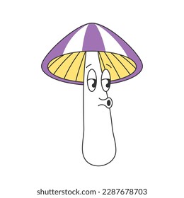 Retro groovy trippy mushroom character with funny face. Hippie psychedelic toadstool. Hippy funky fly agaric fungus. Vintage cartoon hallucinogenic nostalgic amanita. Trendy y2k pop culture. Vector