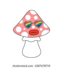 Retro groovy trippy mushroom character with rainbow sunglasses. Hippie psychedelic fly agaric. Hippy funky fungus. Vintage cartoon hallucinogenic nostalgic amanita. Trendy y2k pop culture. Vector eps