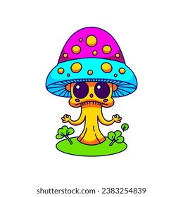 Cara graciosa del personaje de trippy retro groovy con hongos. Espacio hippie toadstool psicodélico. Híppy funky OVNI mosca hongo agaric. Caricatura vintage alucinógena nostálgica amanita. Vector y2k de moda