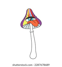 Retro groovy trippy mushroom with crazy tongue sticking out of eye. Hippie psychedelic weird fly agaric. Hippy funky fungus. Vintage hallucinogenic nostalgic amanita. Trendy y2k pop culture. Vector