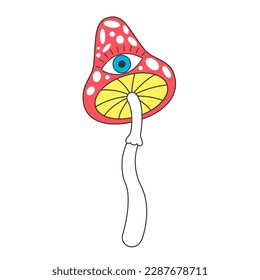 Retro groovy trippy mushroom and eye  Hippie psychedelic fly agaric fungus  Hippy funky toadstool  Vintage cartoon hallucinogenic nostalgic amanita  Trendy y2k pop culture design  Vector eps element