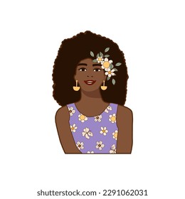 Retro groovy trippy smiling black African American girl face portrait on white background. Trendy 60s 70s woman psychedelic vector illustration in cartoon hand drawn style