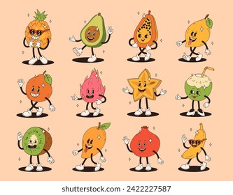 Retro groovy tropical fruit characters. Funky cartoon mascot of pineapple avocado papaya mango orange dragon fruit karambola green coconut kiwi lemon pomegranate banana with happy smile face.