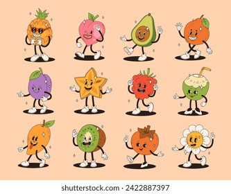 Personajes de frutas tropicales retro groovic. Funky caricatura mascota de melocotón piña aguacate ciruela naranja karambola frambuesa coco verde mango kiwi persimmon flor de margarita con cara de sonrisa feliz.