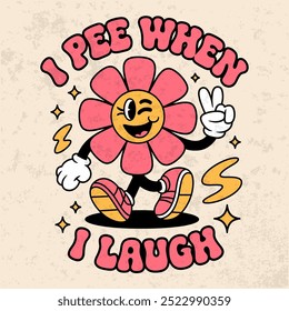 A retro groovy t-shirt design of a cartoon flower character. 