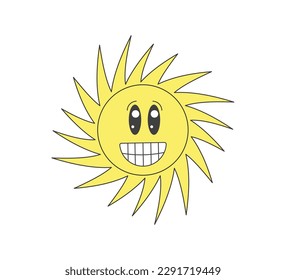 Retro groovy twisted shiny sun crazy character. Psychedelic hippie old funny solar mascot. Abstract vintage hippy smiley sticker. Trendy y2k pop culture smiling sunny hipster symbol. EPS trippy print