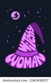Retro groovy typographic composition for Halloween. Flat hand drawn text Witchy Woman in shape of witch hat. Vector illustration with witch silhouette, moon and stars in night. Dark theme for posters
