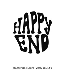 Retro groovy typography design featuring bold happy end phrase in black on white