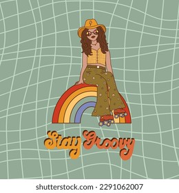 Retro groovy typography slogan quote - stay groovy print with hippie girl sitting on rainbow on striped background. Trendy 60s 70s psychedelic lettering design for card, poster, t-shirt vector