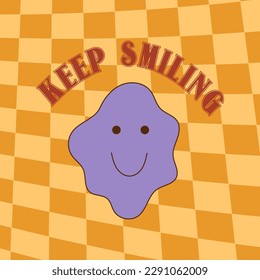 Retro groovy typography slogan quote - keep smiling print with smiling face emoji on twisted chess background. Trendy 60s 70s psychedelic lettering design for card, poster, t-shirt vector