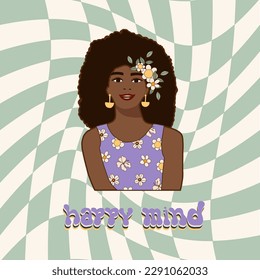 Retro groovy typography slogan quote - happy mind print with black girl face portrait on chessboard background. Trendy 60s 70s psychedelic lettering design for card, poster, t-shirt vector