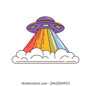 Retro groovy ufo saucer, space engine from the psychedelic era flying or hovers with smoke clouds, its purple dome and rainbow trail exuding funky, far-out vibes reminiscent of retro science fiction