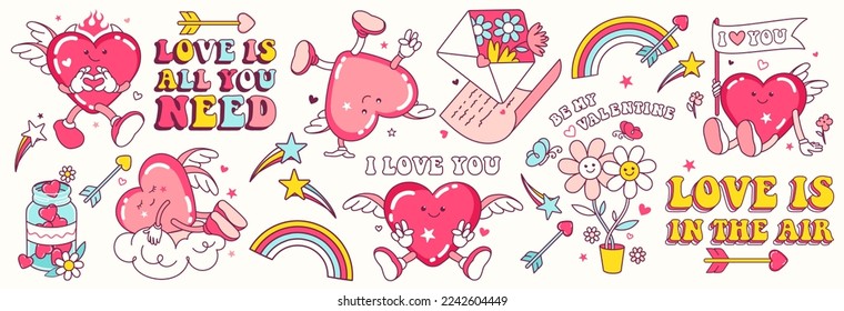 Retro Groovy Valentine's day characters with slogans about love. Fun heart stickers and prints. Hippie valentine Sticker pack in trendy retro doodle cartoon style.Hippy 60s, 70s style. Flower power.