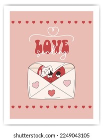 Retro Groovy Valentine's day characters with slogans about love. Fun heart posters and cards. Trendy 70s cartoon style. Card, postcard, print. Love sending	
