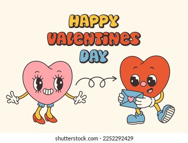 Retro Groovy Valentines day characters with slogans about love. Trendy 70s cartoon style. Card, postcard, print vector