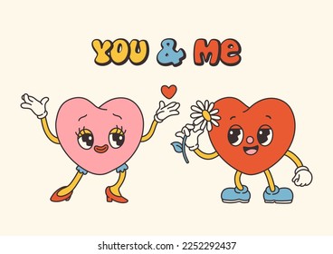 Retro Groovy Valentines day characters with slogans about love. Trendy 70s cartoon style. Card, postcard, print vector