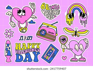 Retro Groovy Valentine's day characters stickers set with love lettering. Fun heart cartoon mascots. Hippie valentine Sticker pack in trendy contour doodle cartoon style. Hippy 90s neon style. Vector