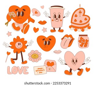 Elementos retro del día de San Valentín. Ilustración del vector Doodle.