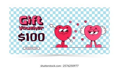Retro groovy valentines day gift voucher. Love design for special deals. Cute lovely couple characters heart. Vector illustration