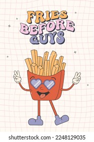 Retro groovy valentines day greeting card, banner, poster, invitation. Fries before guys